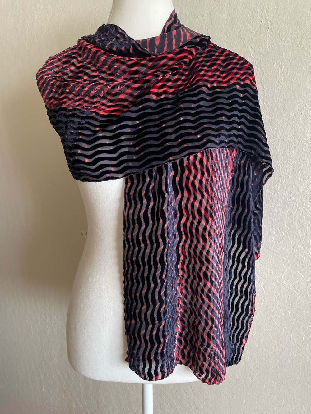 Burn out silk and velvet scarf